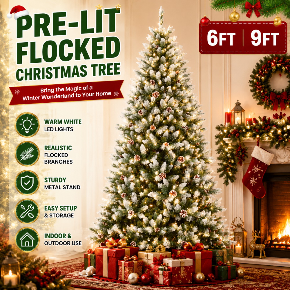 Outdoor Lighting Effects - Pre-Lit Flocked Artificial Christmas Tree 6‘/9’