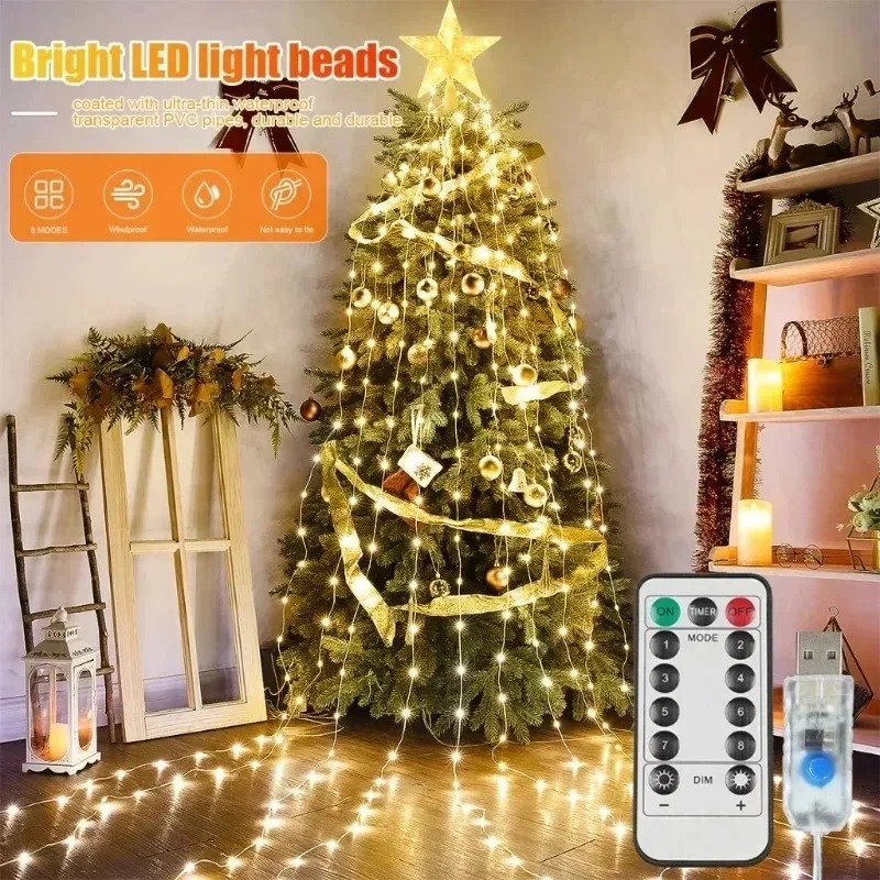 Xmas Outdoor Lighting Decorations - USB Powered 200LED Star Waterfall Fairy